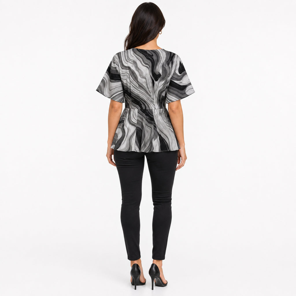 Women's Grey Abstract Print V-Neck Belted Peplum Top | Elegant Casual Everyday Blouse-4