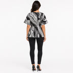 Women's Grey Abstract Print V-Neck Belted Peplum Top | Elegant Casual Everyday Blouse-4