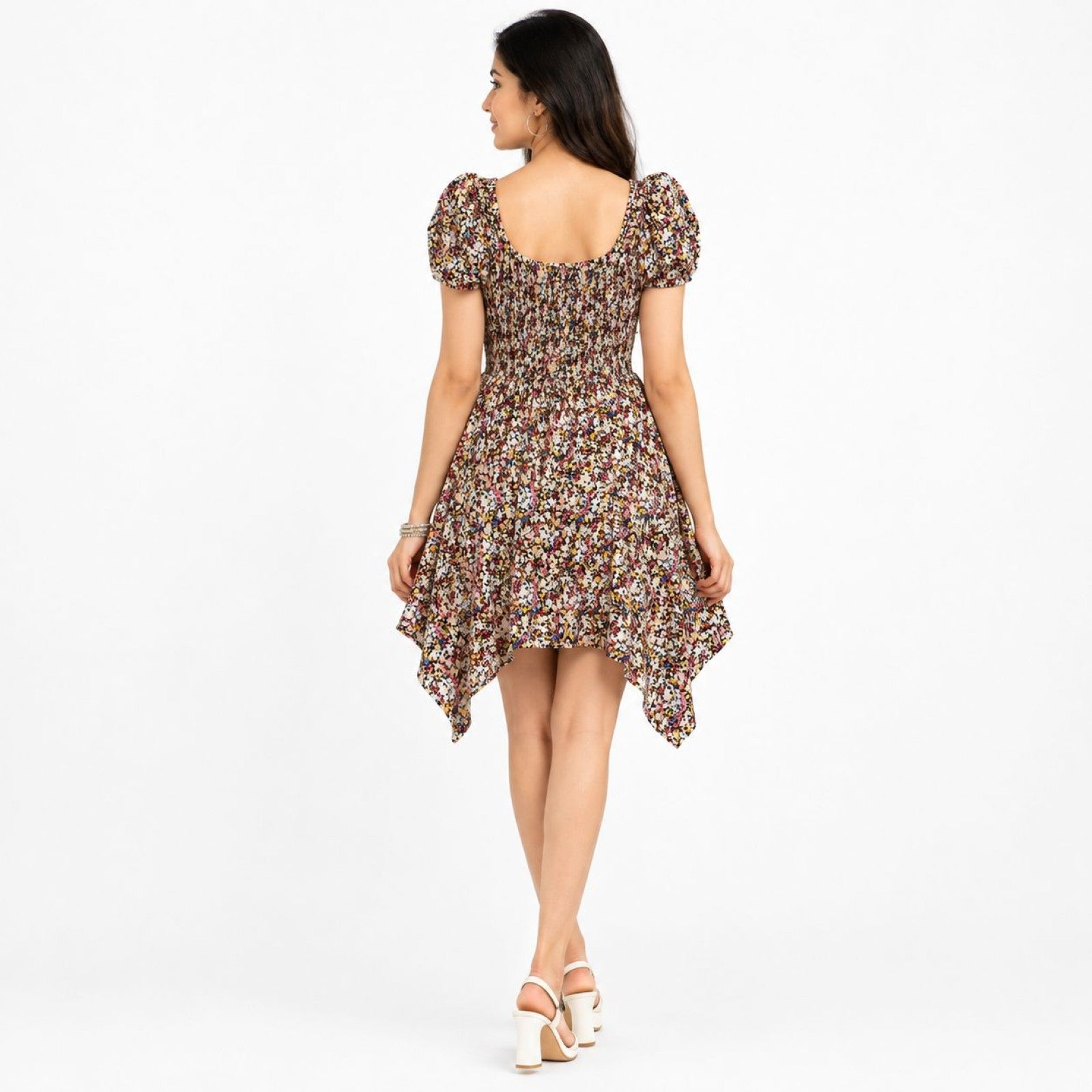 Women's Multicolor Floral Print Smocked Puff Sleeve Handkerchief Mini Dress-1