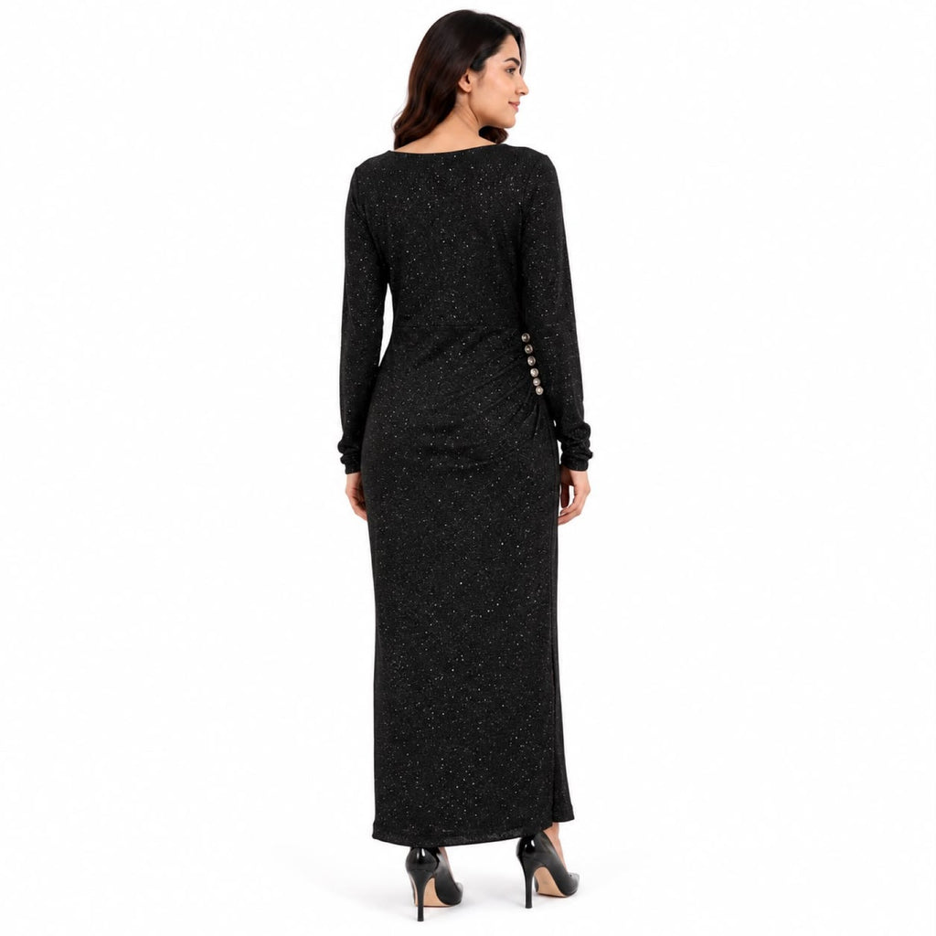 Women’s Black Shimmer Ruched Side Button Detail Round Neck Maxi Dress-4