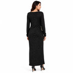 Women’s Black Shimmer Ruched Side Button Detail Round Neck Maxi Dress-4