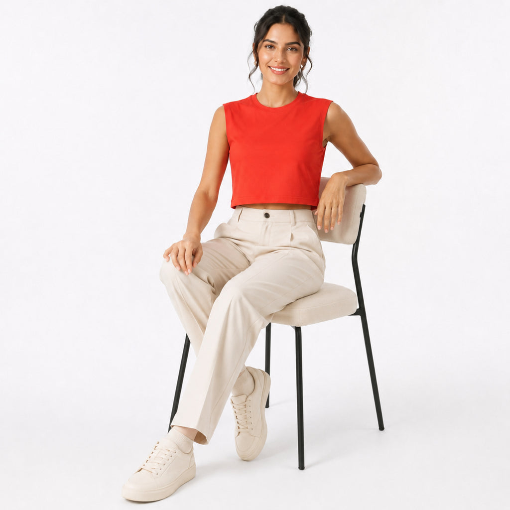 Women's Red Structured Shoulder Sleeveless Crop Top | Solid Minimal Statement Tee-3