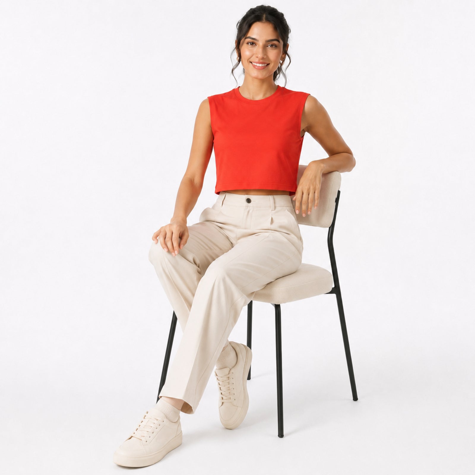 Women's Red Structured Shoulder Sleeveless Crop Top | Solid Minimal Statement Tee-3