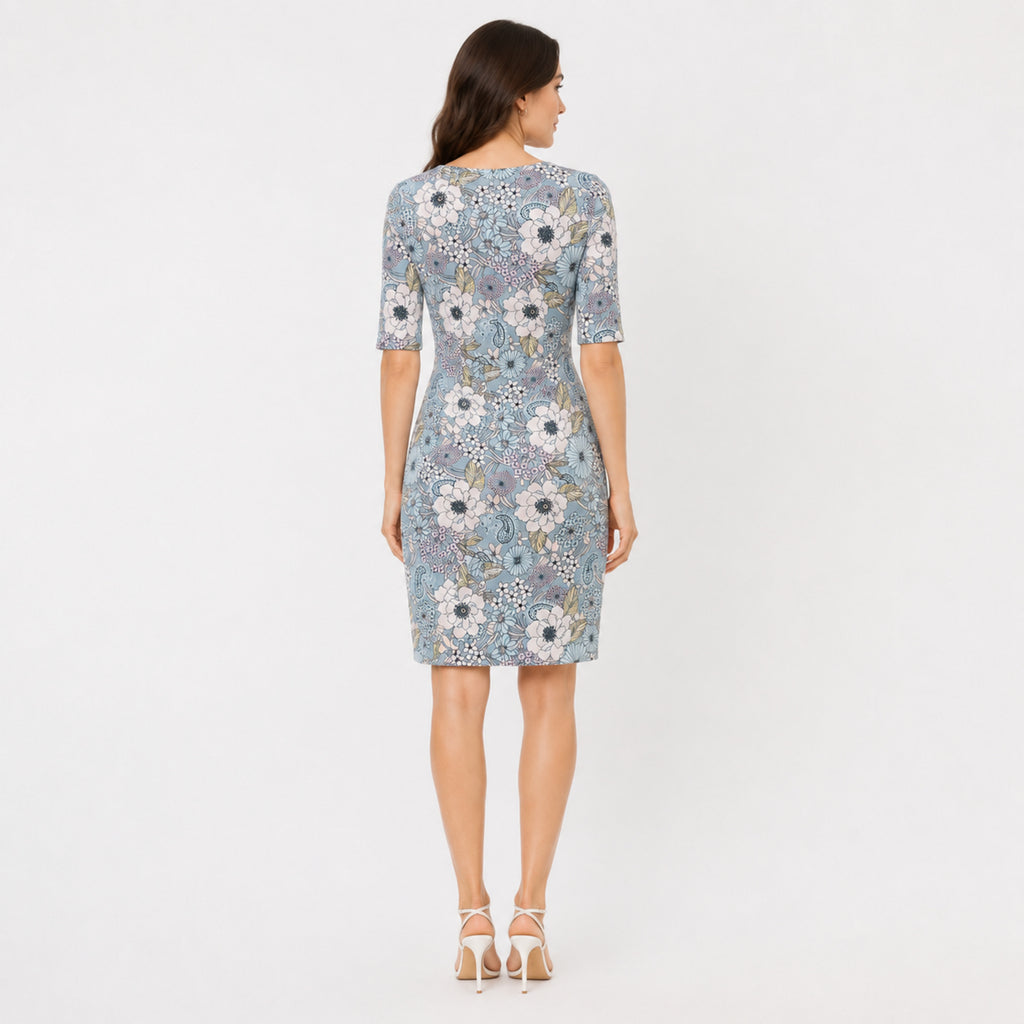 Women's Blue Floral Print Bodycon Knee-Length Dress | 3/4 Sleeve Casual Midi Dress-4