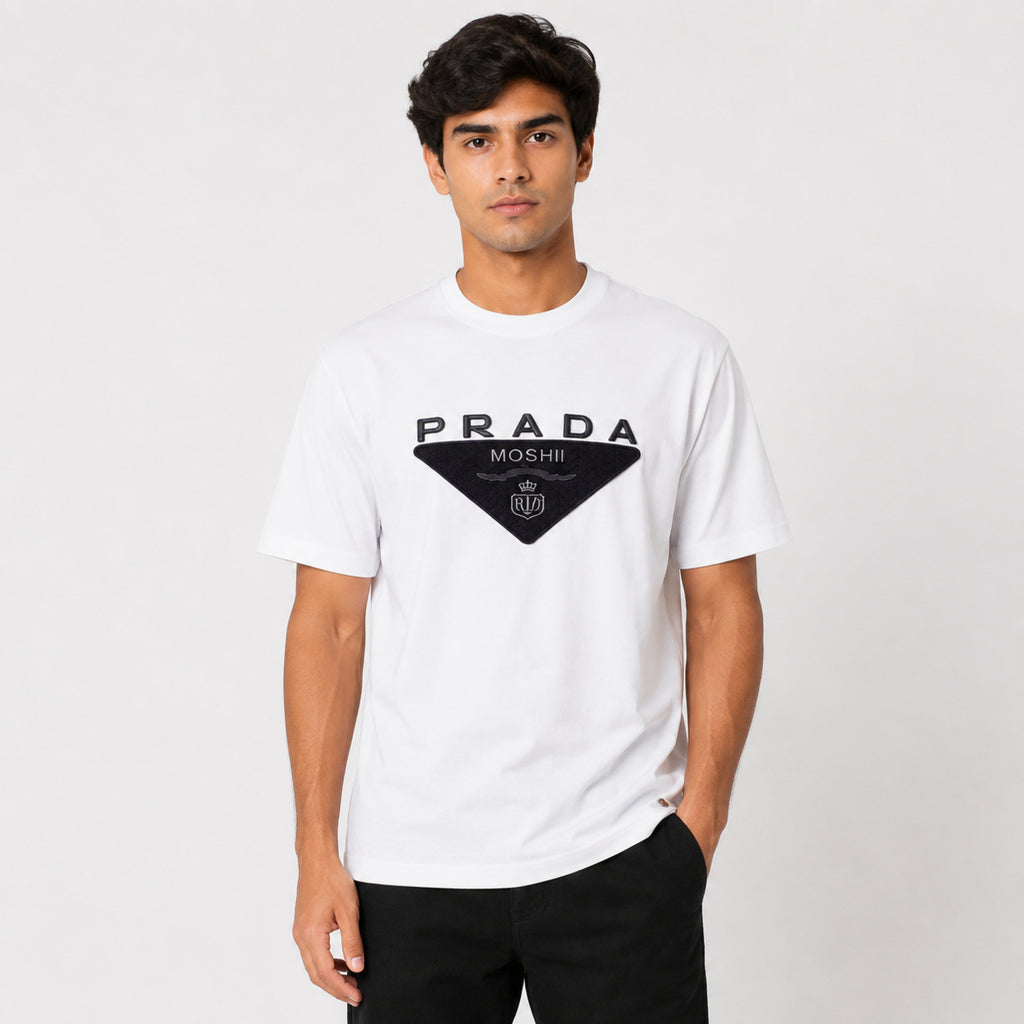 Men's White Graphic Logo Print Crew Neck T-Shirt-1