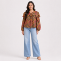 Women's Yellow Paisley Printed Ruffle Neck Tie-Up Top with Full Puff Sleeves-4