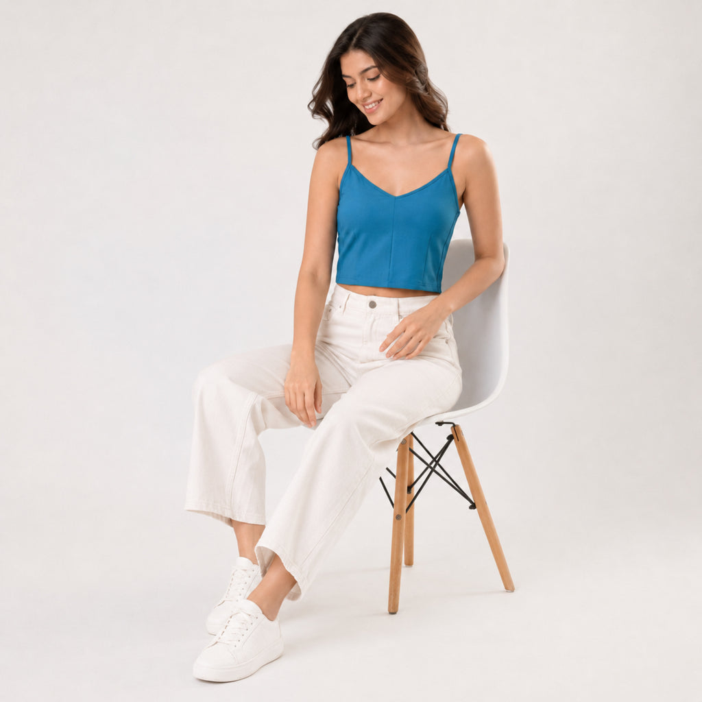 Women's Teal V-Neck Camisole Crop Top | Solid Spaghetti Strap Casual Tank Top-2