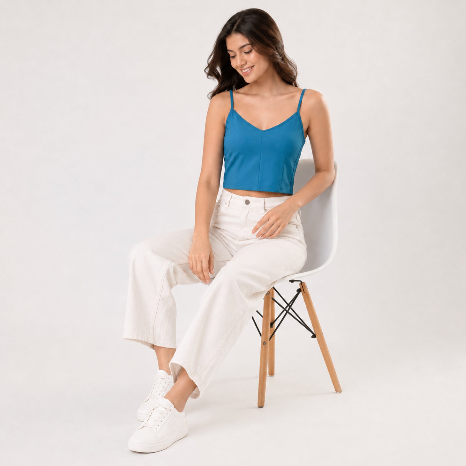 Women's Teal V-Neck Camisole Crop Top | Solid Spaghetti Strap Casual Tank Top-2