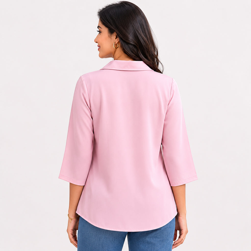 Women's Pink Floral Print Color Block Casual Top | Elegant Collared Everyday Fashion Blouse-4