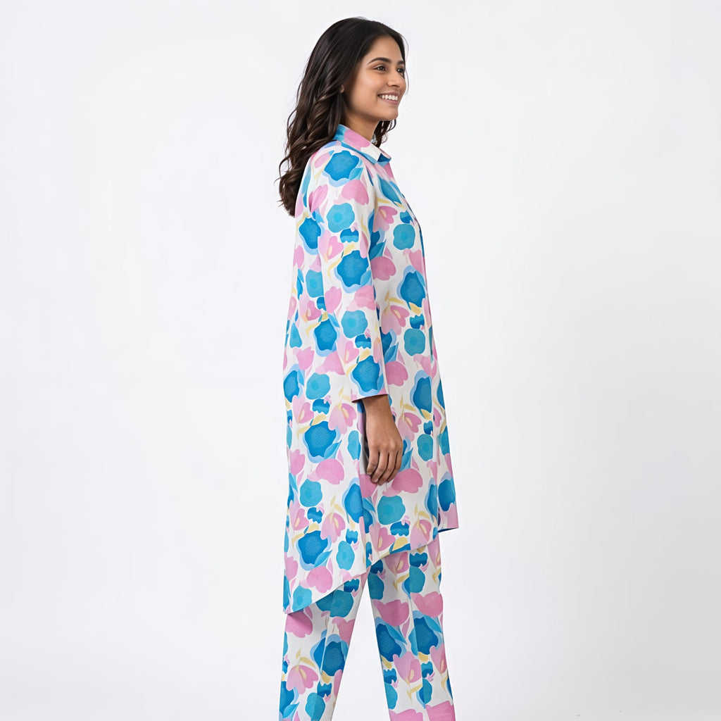 Women's Pastel Floral Printed Co-Ord Set with High-Low Kurta-4