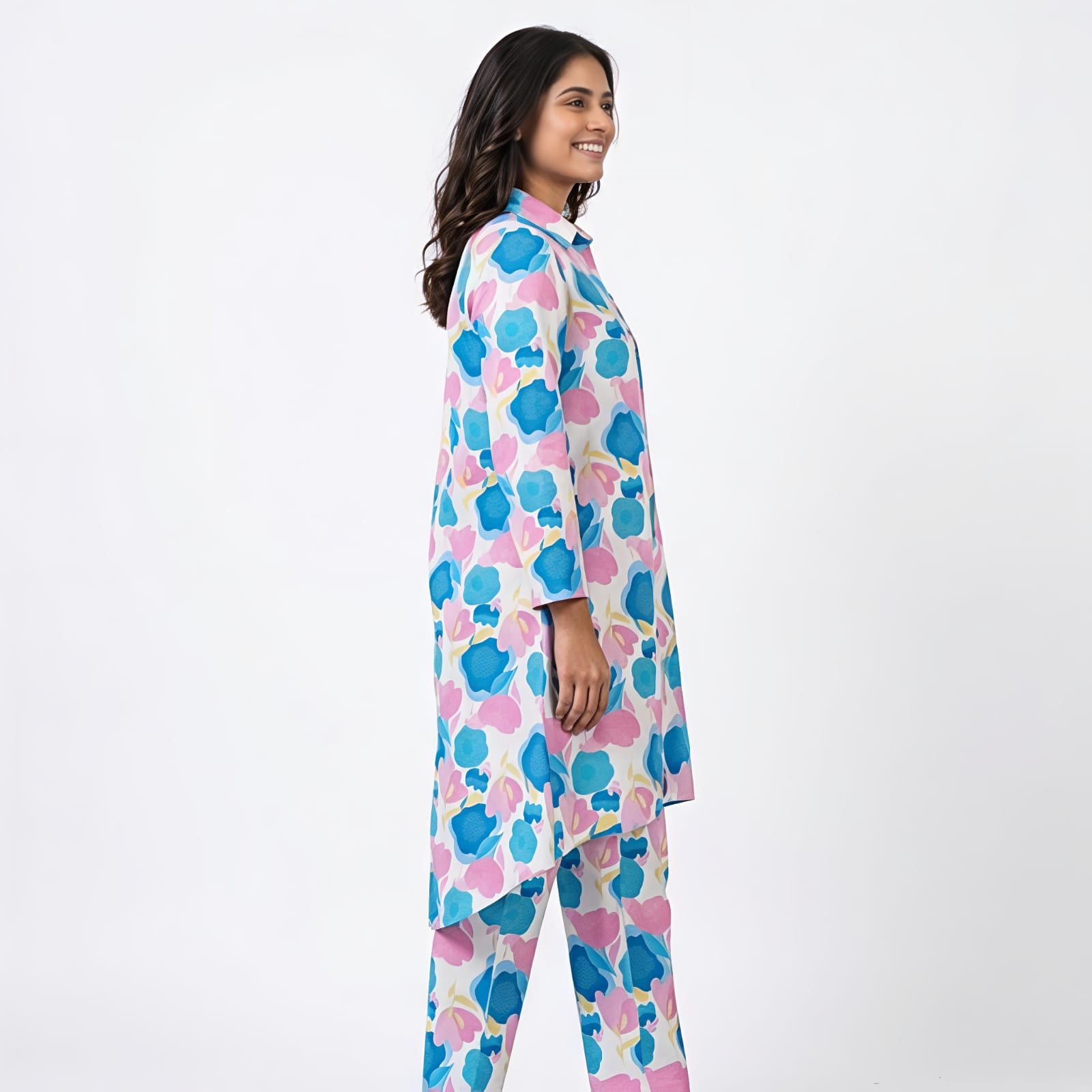 Women's Pastel Floral Printed Co-Ord Set with High-Low Kurta-4