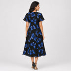 Women's Blue Floral Button-Front Midi Dress with Flutter Sleeves-4