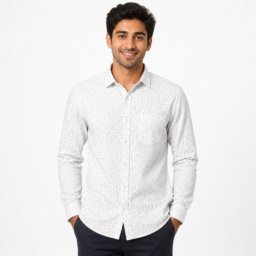 Men's White Micro Print Smart Casual Shirt-2