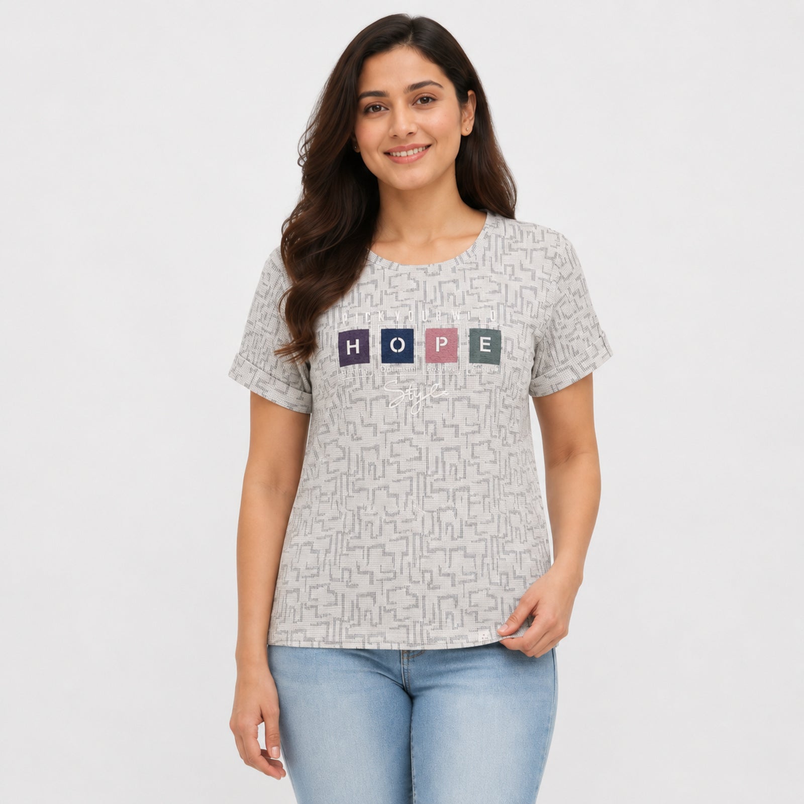 Women's Light Pink Geometric Print HOPE Graphic Round Neck Regular Fit Casual T-Shirt | Soft Everyday Wear-3