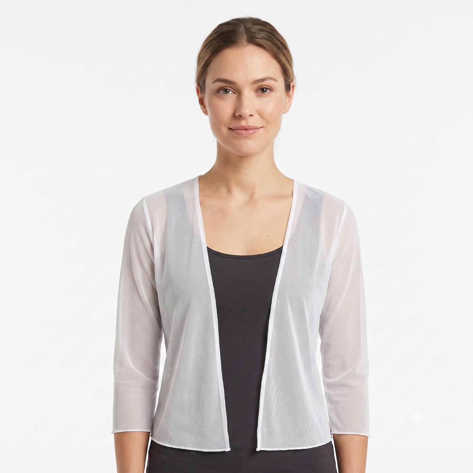 Women's White Airy Mesh Open-Front Cover-Up Shrug-1