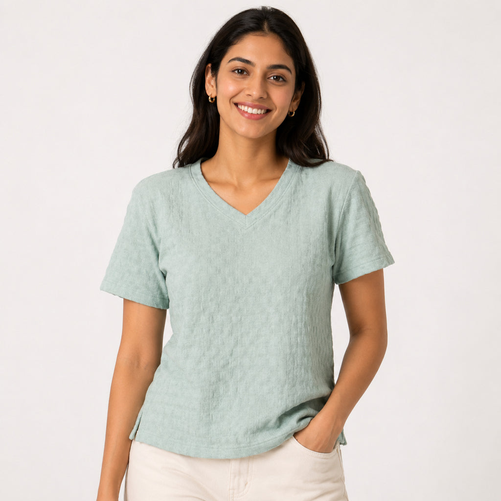 Women's Sage Green Textured V-Neck Top-3