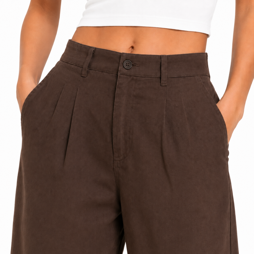 Women's Dark Brown High-Waist Pleated Wide Leg Trousers-3