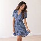 Women's Navy Blue Floral Wrap Mini Dress-4