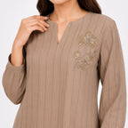 Women's Embroidered Striped Kurta Pant Co-Ord Set | Elegant V-Neck Ethnic Wear Set with Wide Leg Pants – Golden-2