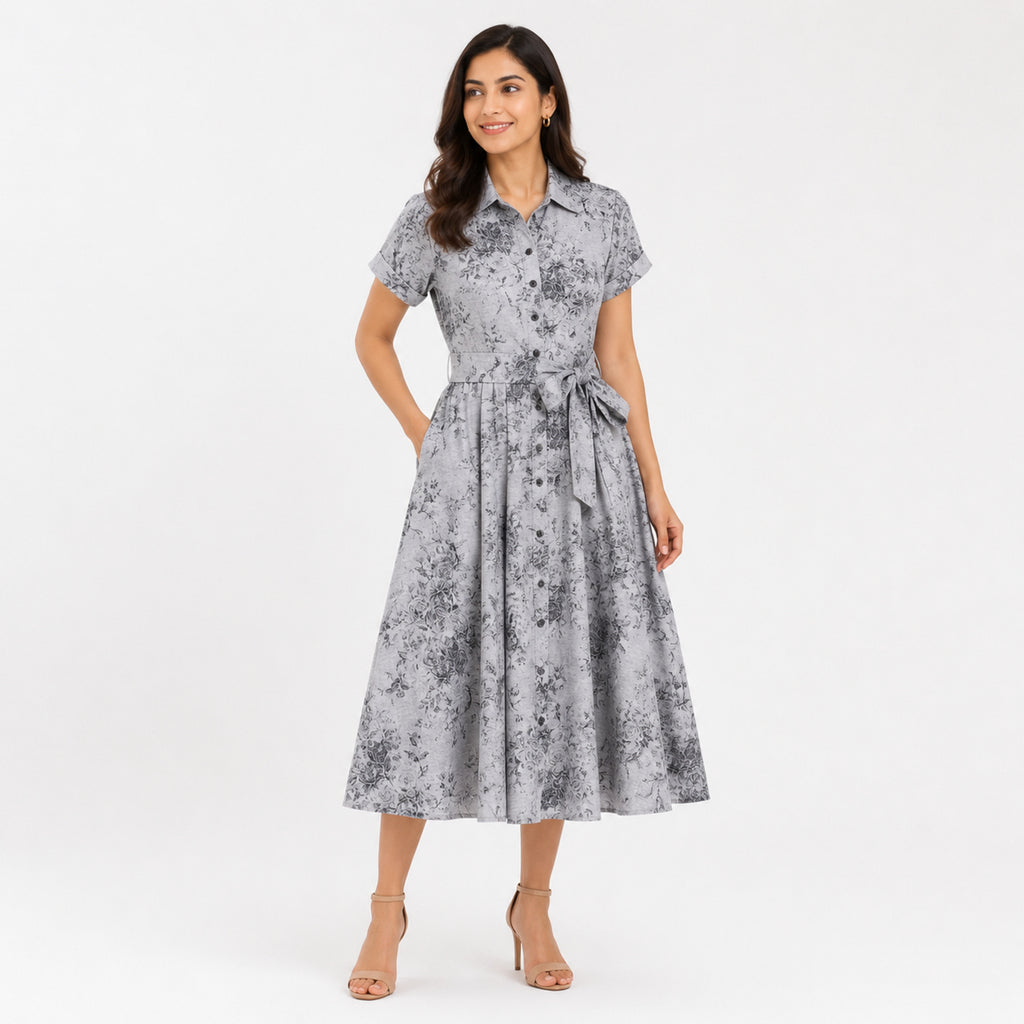Women's Vintage Floral Print Button-Down Shirt Dress with Pockets-1