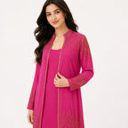 Women's Hot Pink Embellished Layered Maxi Dress with Long Shrug | Ethnic Party Wear Ensemble-3