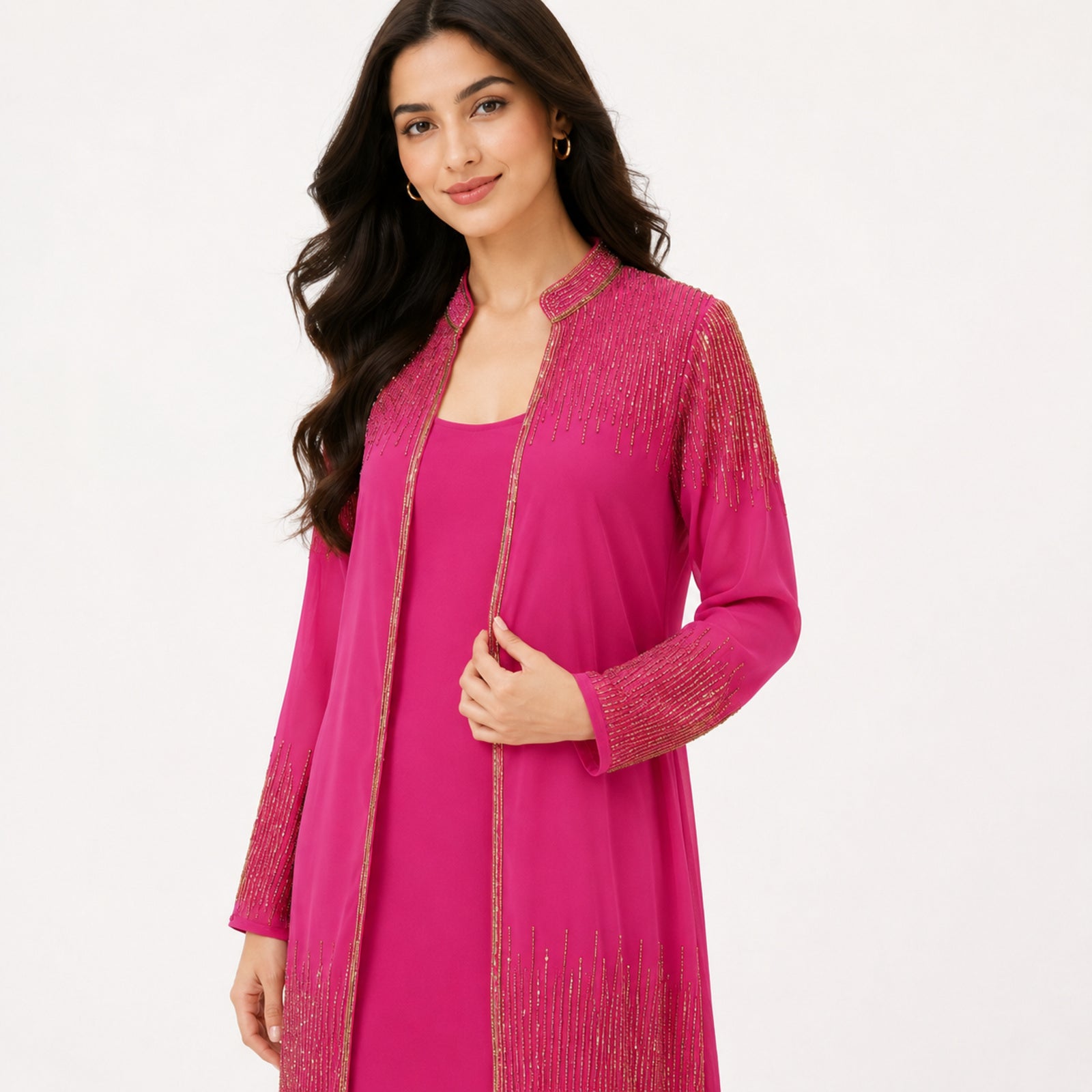 Women's Hot Pink Embellished Layered Maxi Dress with Long Shrug | Ethnic Party Wear Ensemble-3