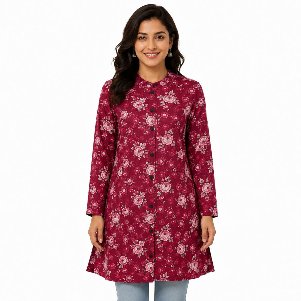 Women's Maroon Floral Printed Jacket-1