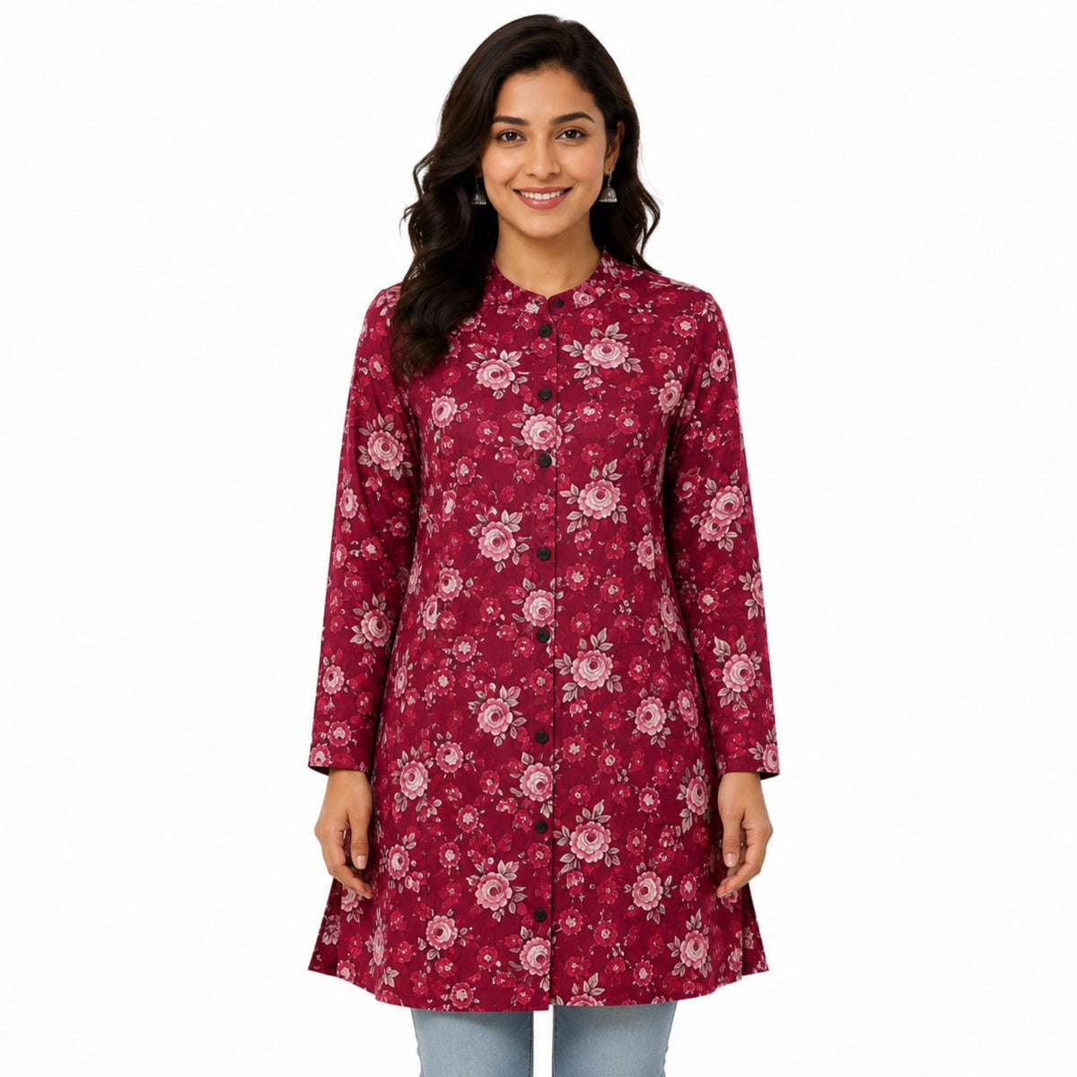 Women's Maroon Floral Printed Jacket-1