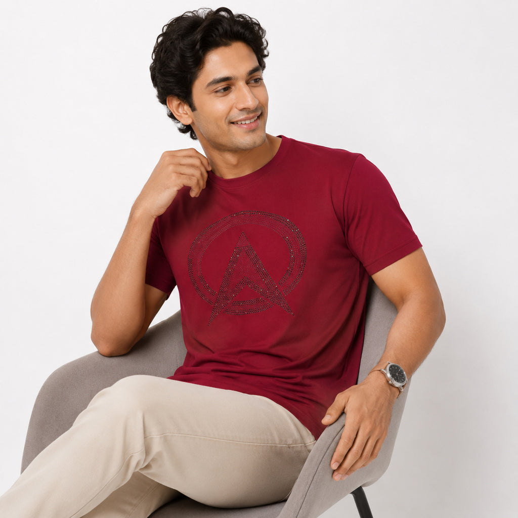 Men's Maroon Graphic Print Crew Neck T-Shirt-2