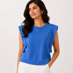 Women's Teal Sleeveless Padded Shoulder Top | Solid Relaxed Fit Casual Muscle Tee-1