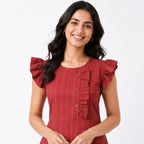 Women's Red Pintuck Ruffle Sleeve Fit and Flare Midi Dress | Button Detail Casual Day Dress-3