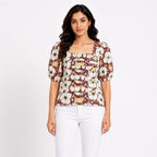 Women's Autumn Blossom Brown Printed Puff Sleeve Top-1