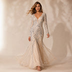Women's Glamorous Sequined Cream Mesh Mermaid Evening Gown-1