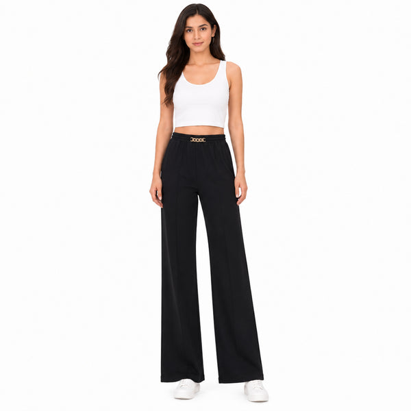 Women’s Black Solid High-Rise Wide Leg Pants-1