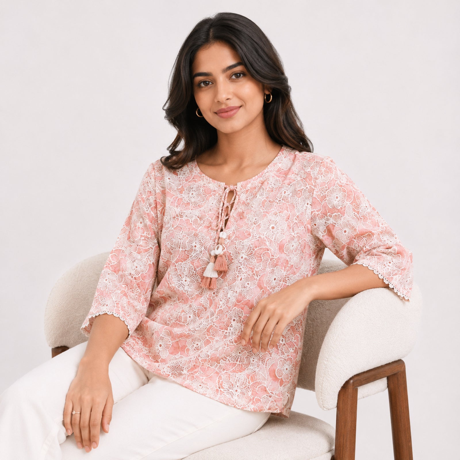 Women's Peach Floral Lace Top | Elegant Semi-Sheer Casual Party Wear Top for Women-2