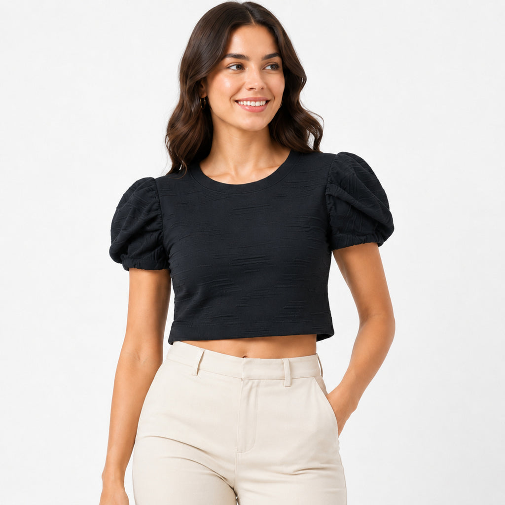 Women's Black Puff Sleeve Crop Top-3