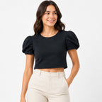 Women's Black Puff Sleeve Crop Top-3
