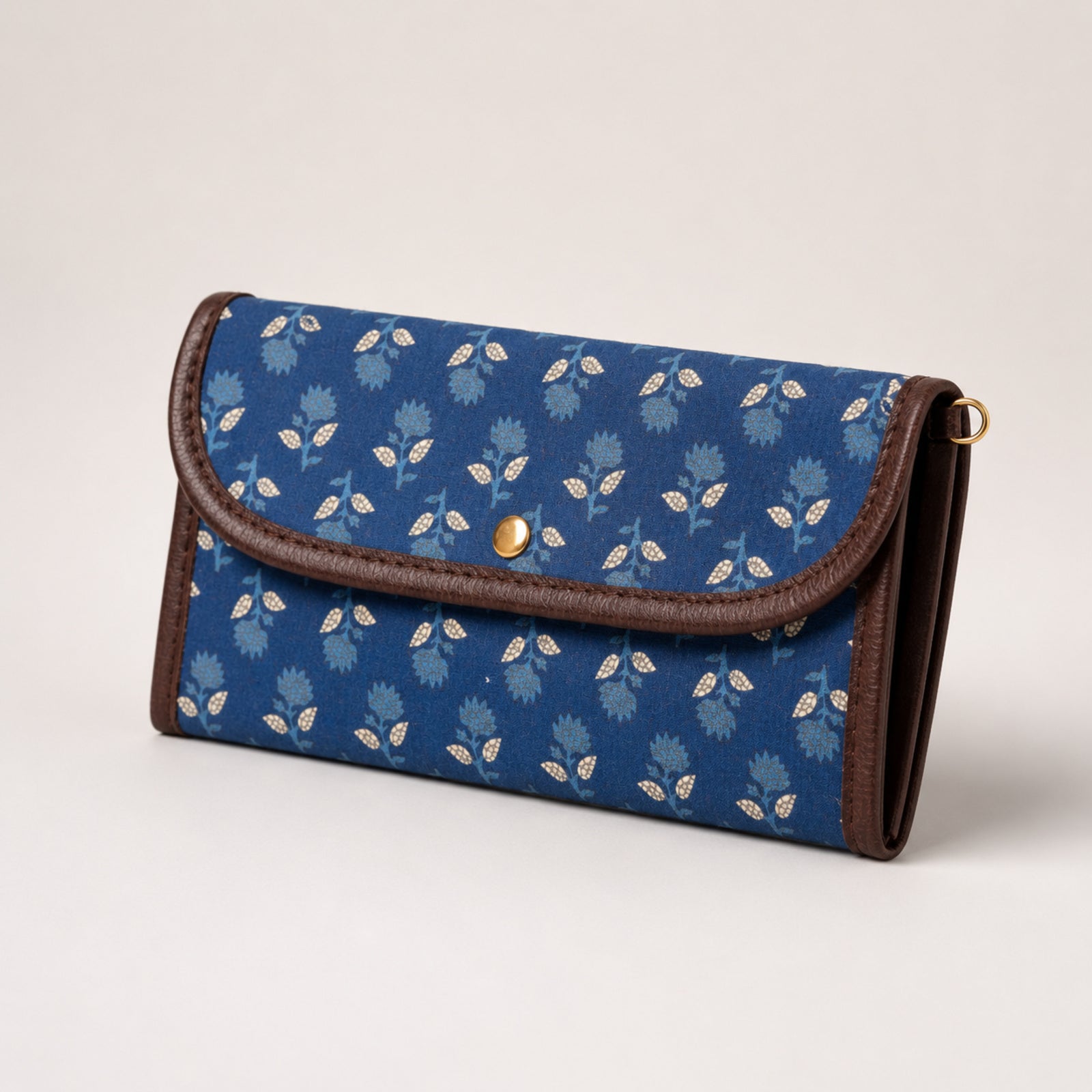Women's Luxury Floral-Print Blue Canvas Clutch Wallet with Leather Trim-4