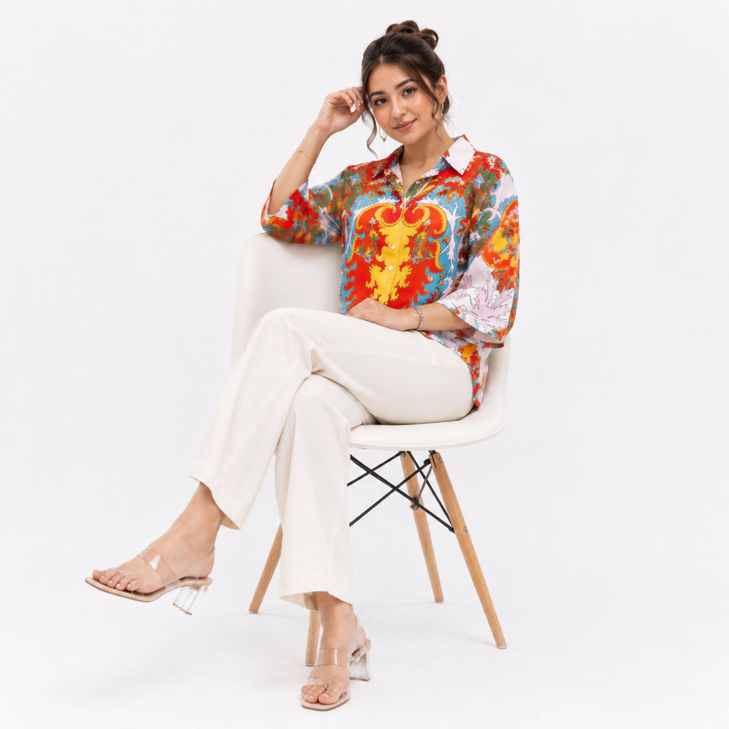 Women's Red Multicolour Abstract Print Collared Shirt-2