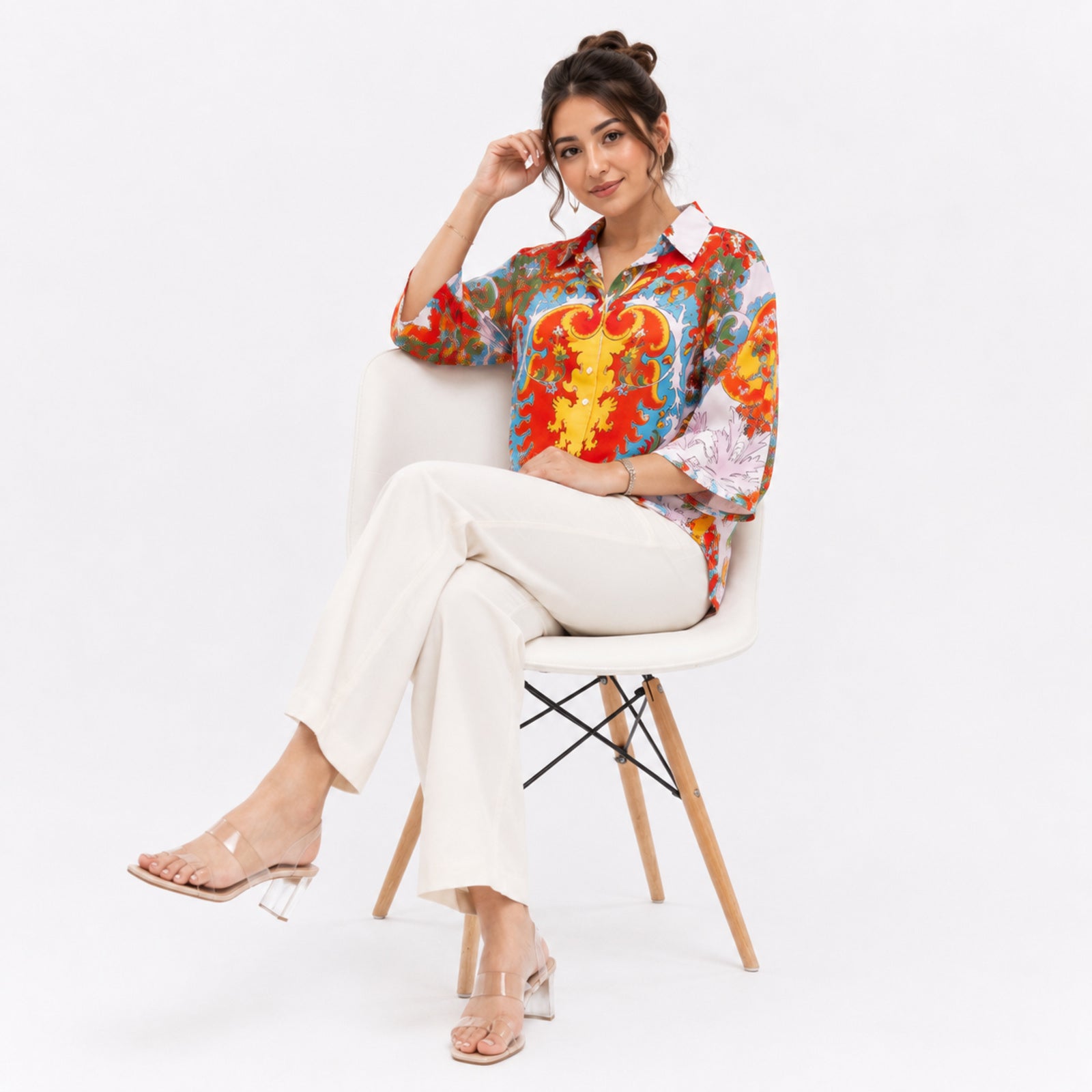 Women's Red Multicolour Abstract Print Collared Shirt-2
