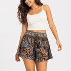 Women's Mustard Paisley Print Boho Flared Shorts | High-Rise Casual Summer Shorts-3