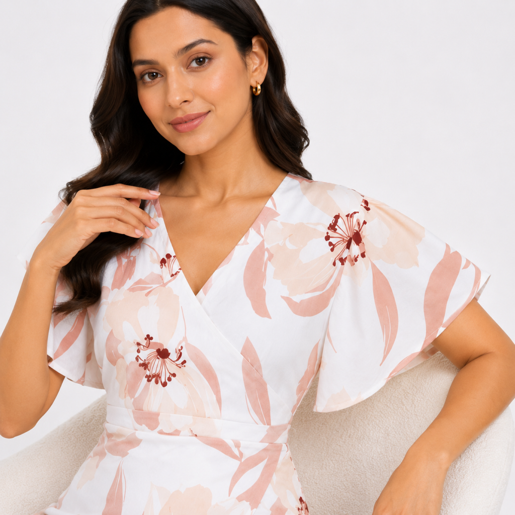 Women's Cream Floral Print V-Neck Ruffle Sleeve A-Line Dress-3