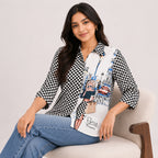 Women's Obsidian Midnight Black "Paris" Graphic Checkerboard Tunic Shirt-2