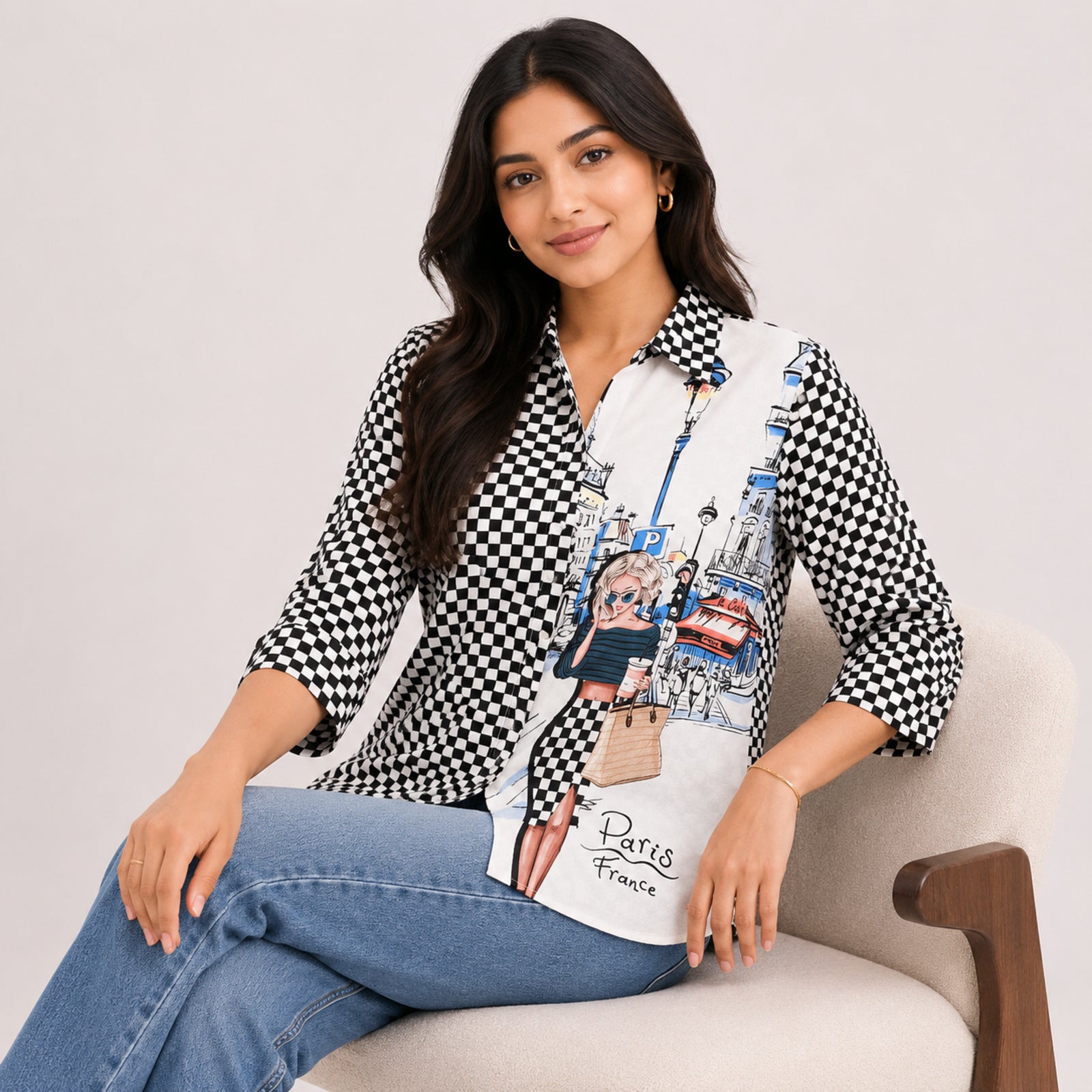 Women's Obsidian Midnight Black "Paris" Graphic Checkerboard Tunic Shirt-2