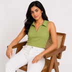 Women's Parrot Green Ribbed Sleeveless Polo Crop Top-1