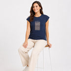 Women's Peacock Blue Graphic Print Cap Sleeve T-Shirt | Casual Cotton Everyday Top-2