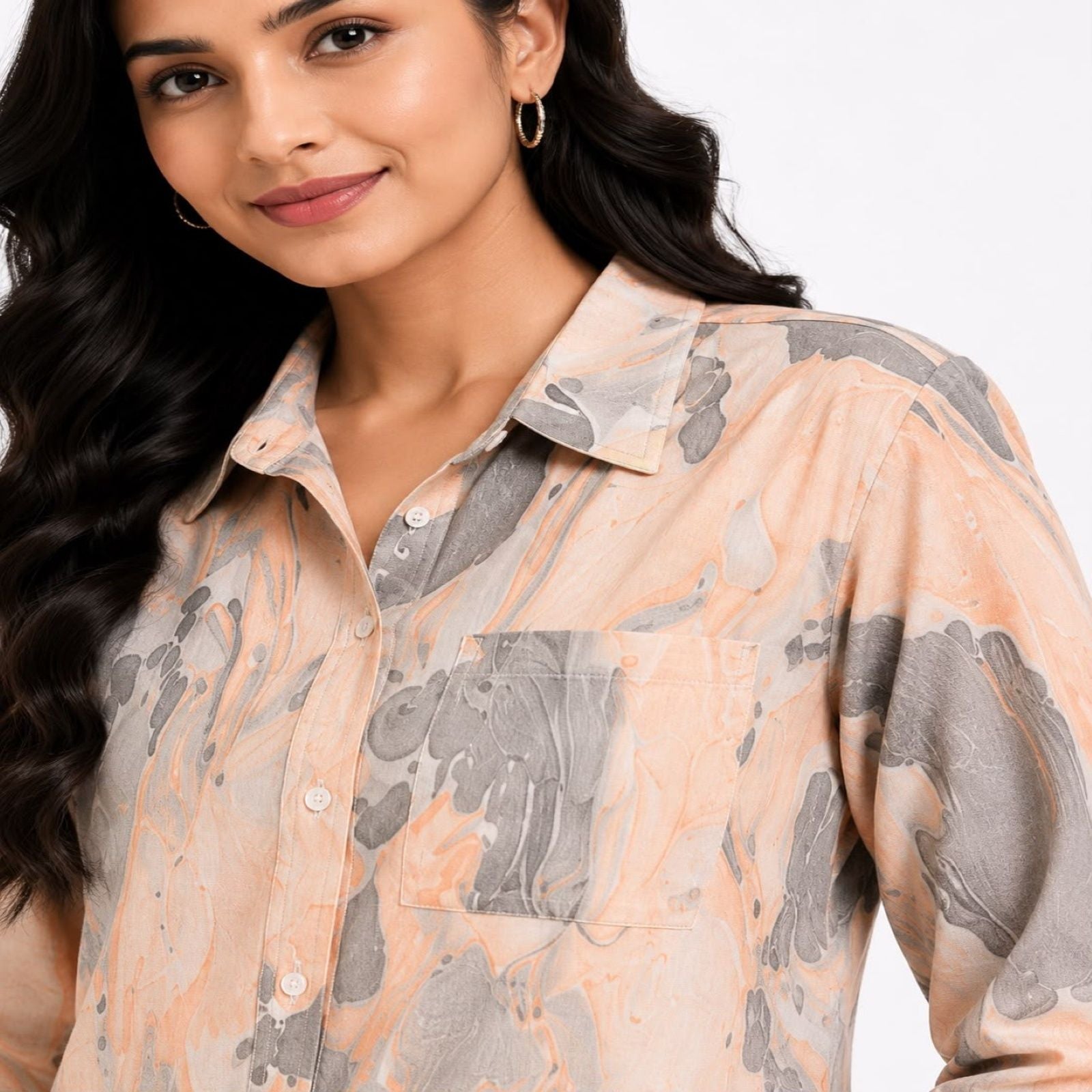 Women's Marble Print Co-Ord Set | Stylish Shirt & Wide Leg Pant Co-Ord Set for Women – Orange-3