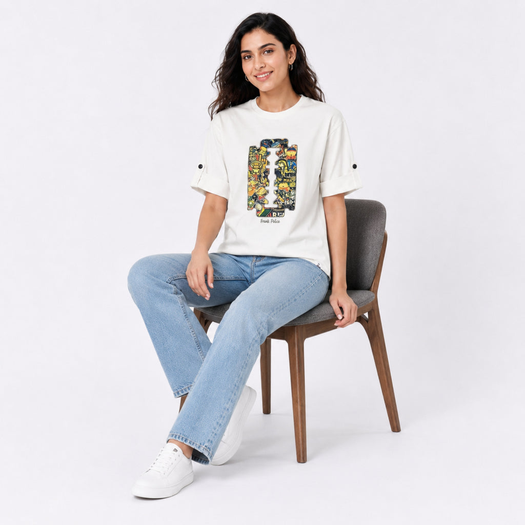 Women's White Oversized Graphic Printed Casual T-Shirt | Round Neck Relaxed Fit Tee-3