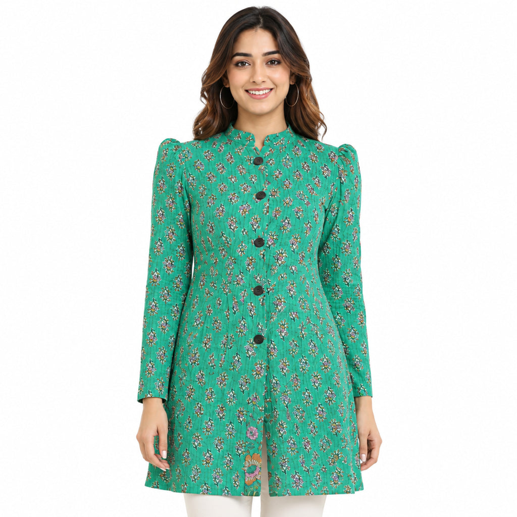 Women's Turquoise Floral Printed Jacket Full Sleeve Longline Ethnic Jacket with Button-Front Design-1