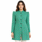 Women's Turquoise Floral Printed Jacket Full Sleeve Longline Ethnic Jacket with Button-Front Design-1